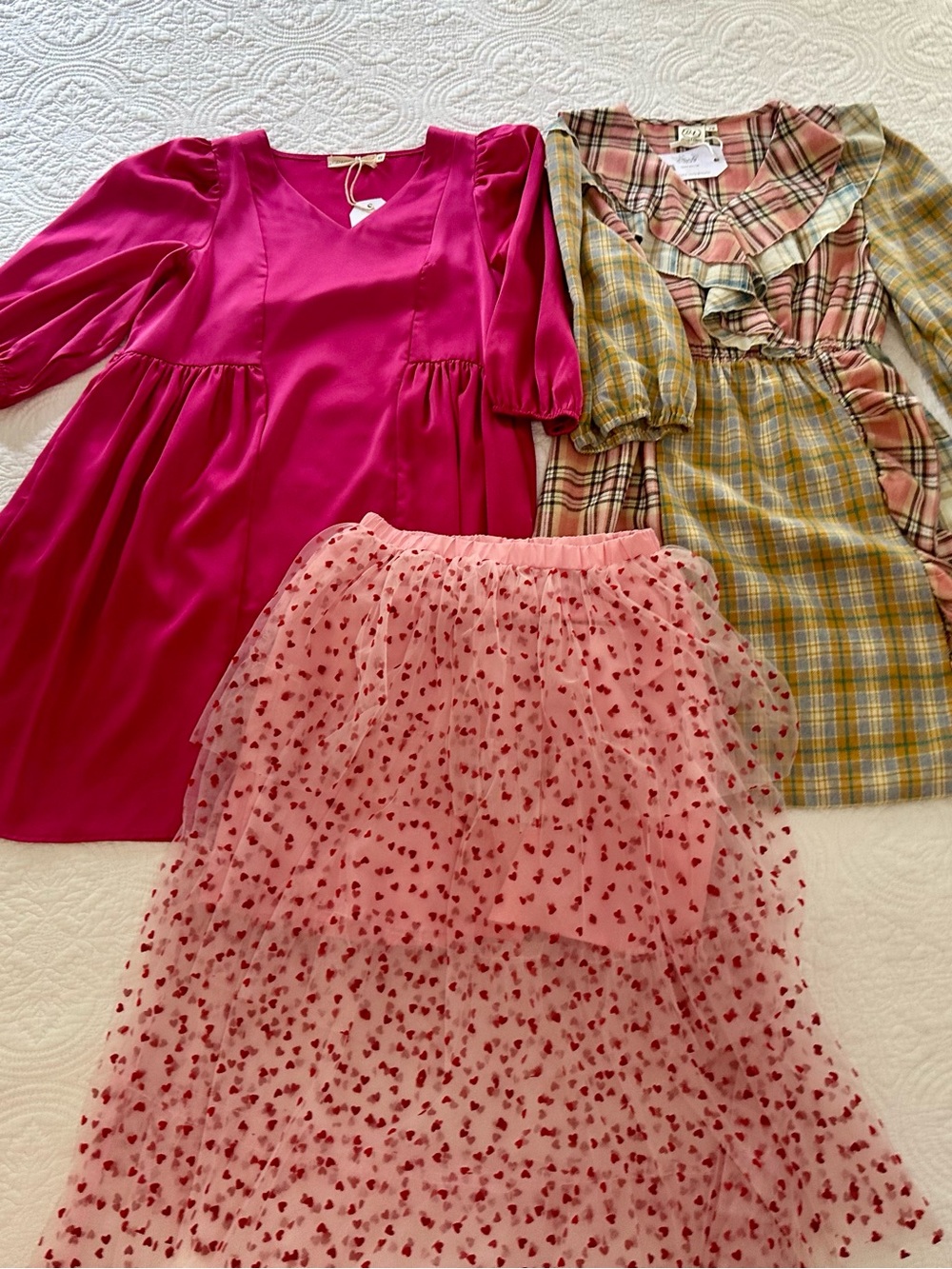 XS Statement Bundle – Plaid Dress, Pink Satin Dress & Tulle Skirt